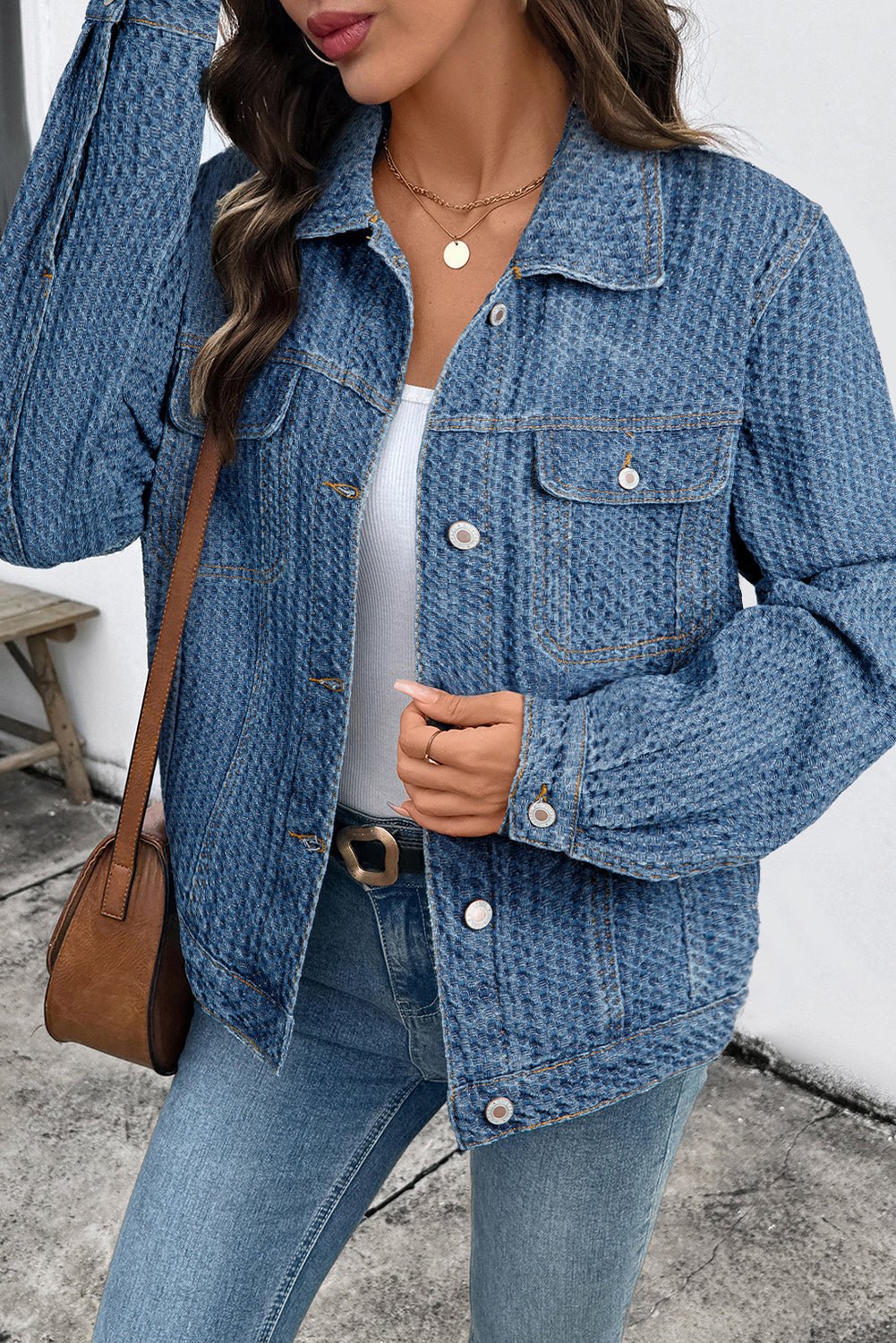 Women's Textured Basketweave Denim Jacket with Flap Pockets