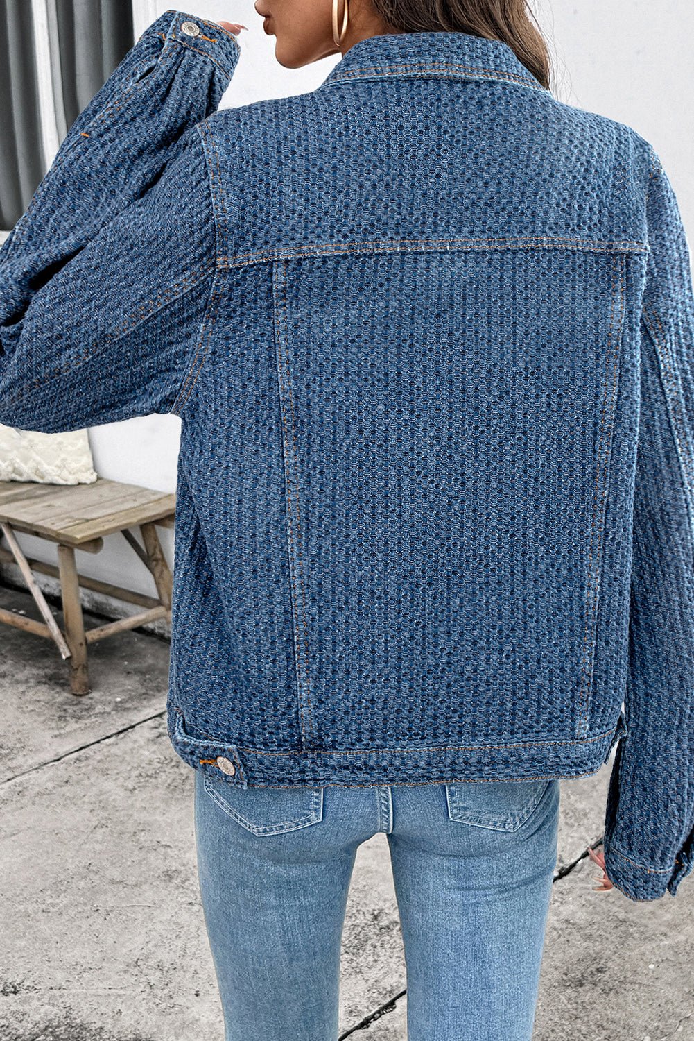 Women's Textured Basketweave Denim Jacket with Flap Pockets