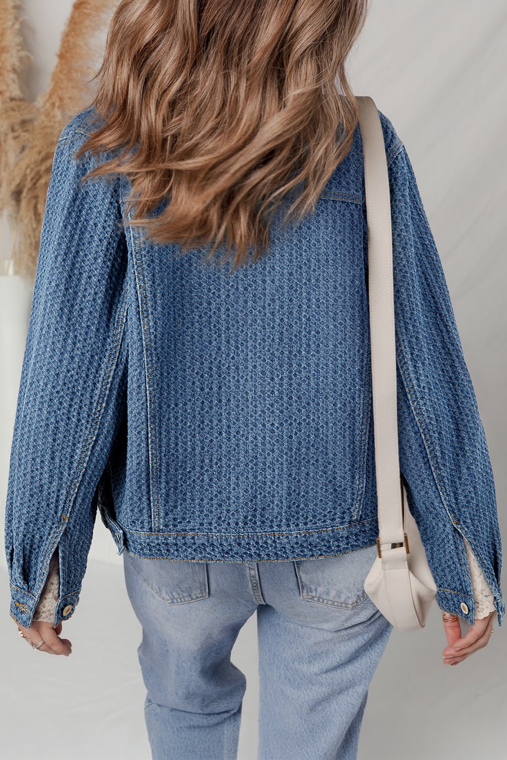 Women's Textured Basketweave Denim Jacket with Flap Pockets