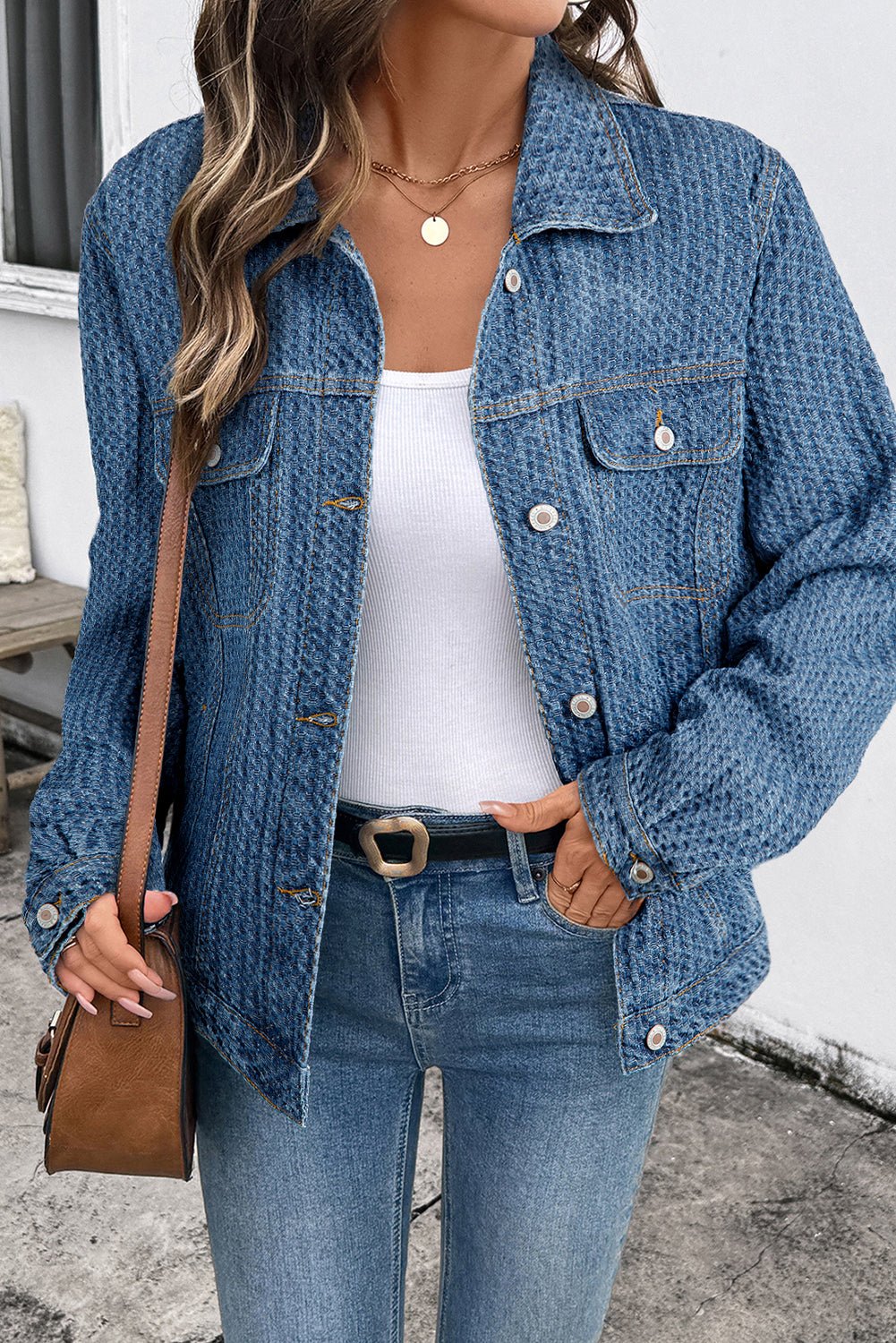 Women's Textured Basketweave Denim Jacket with Flap Pockets
