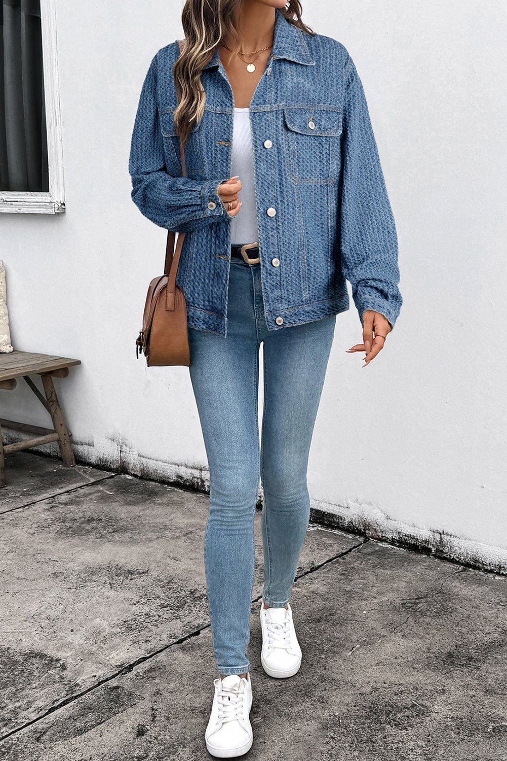 Women's Textured Basketweave Denim Jacket with Flap Pockets