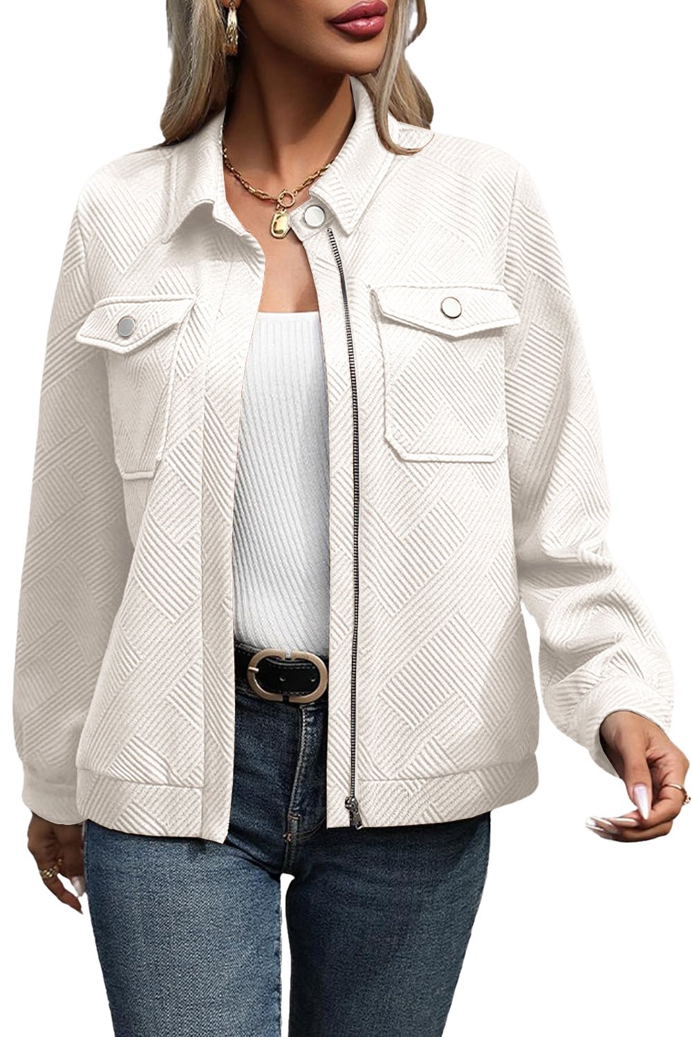 Women's Textured White Zip-Up Jacket with Utility Flap Pockets