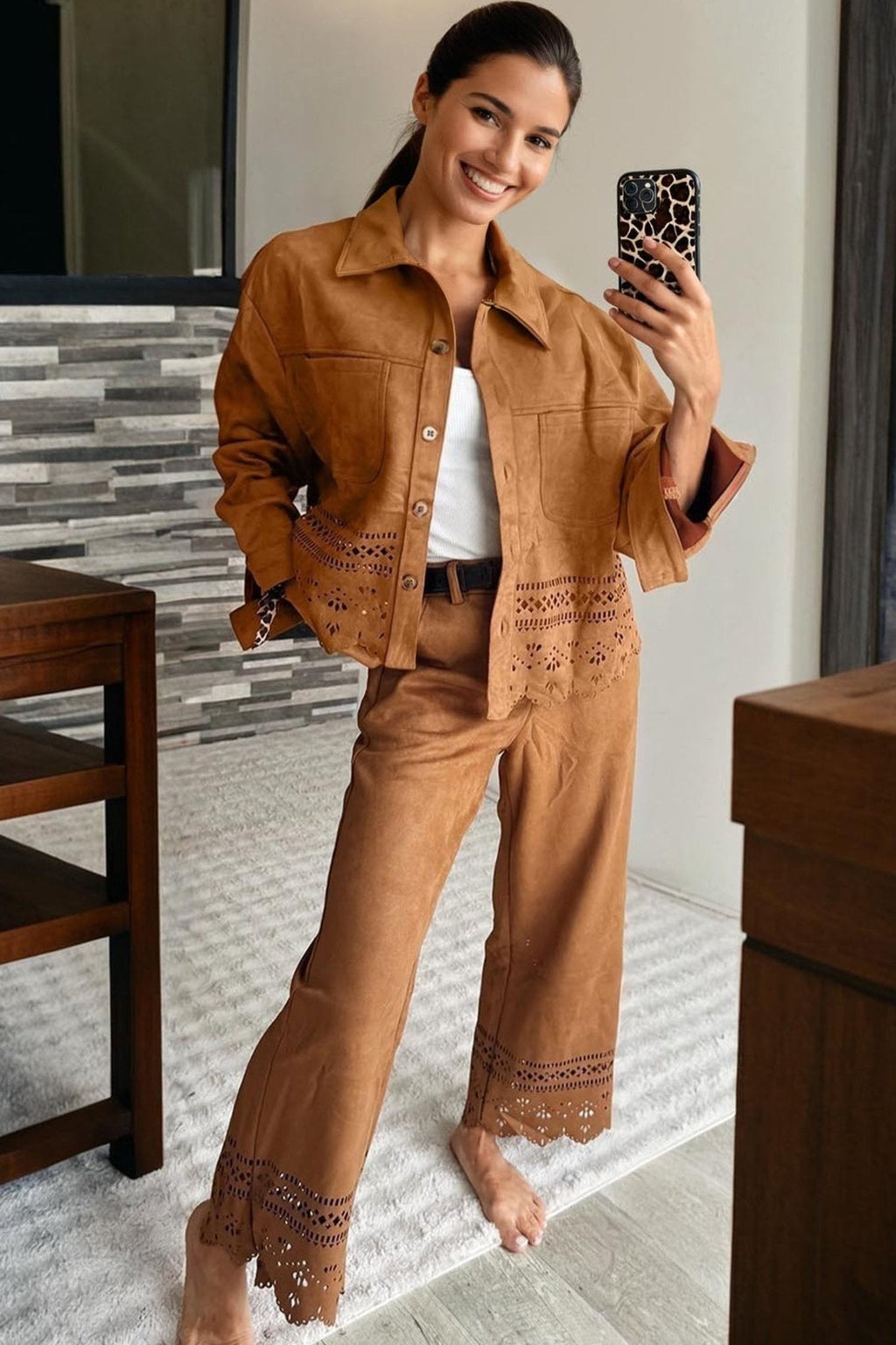 Women's Thai Curry Faux Suede Cut-Out Jacket with Laser-Cut Hem