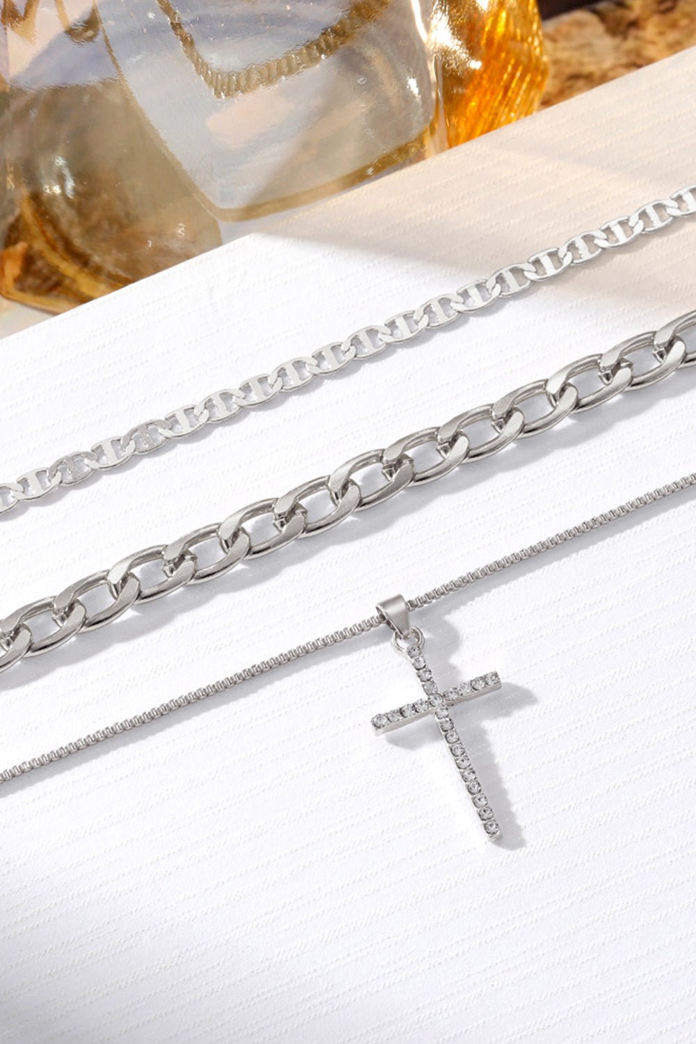 Women's Triple-Layer Silver Plated Cross Necklace Set