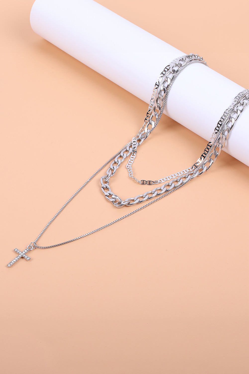 Women's Triple-Layer Silver Plated Cross Necklace Set