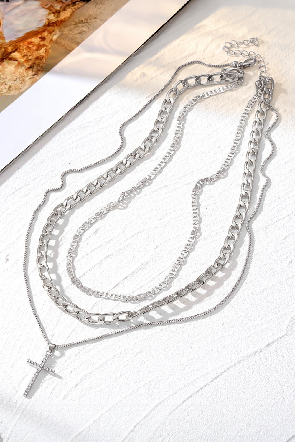 Women's Triple-Layer Silver Plated Cross Necklace Set