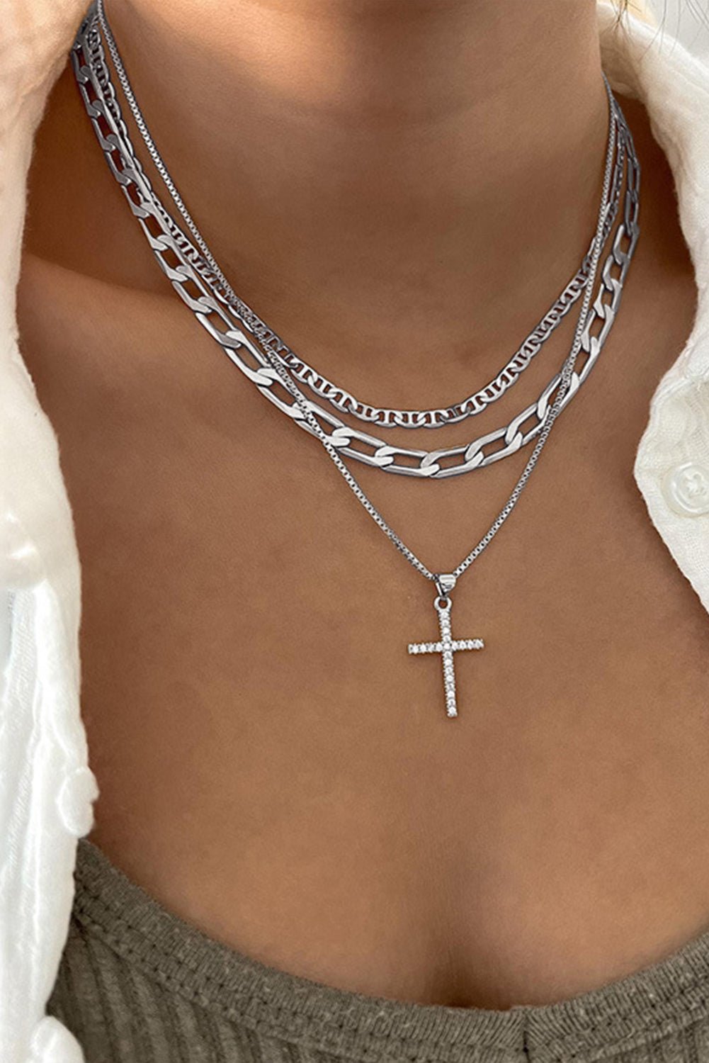 Women's Triple-Layer Silver Plated Cross Necklace Set