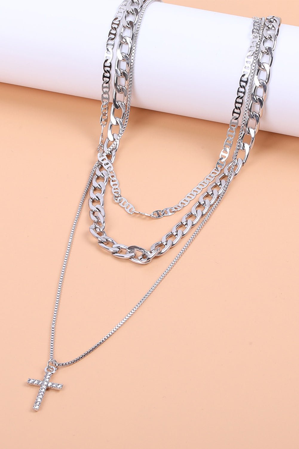 Women's Triple-Layer Silver Plated Cross Necklace Set