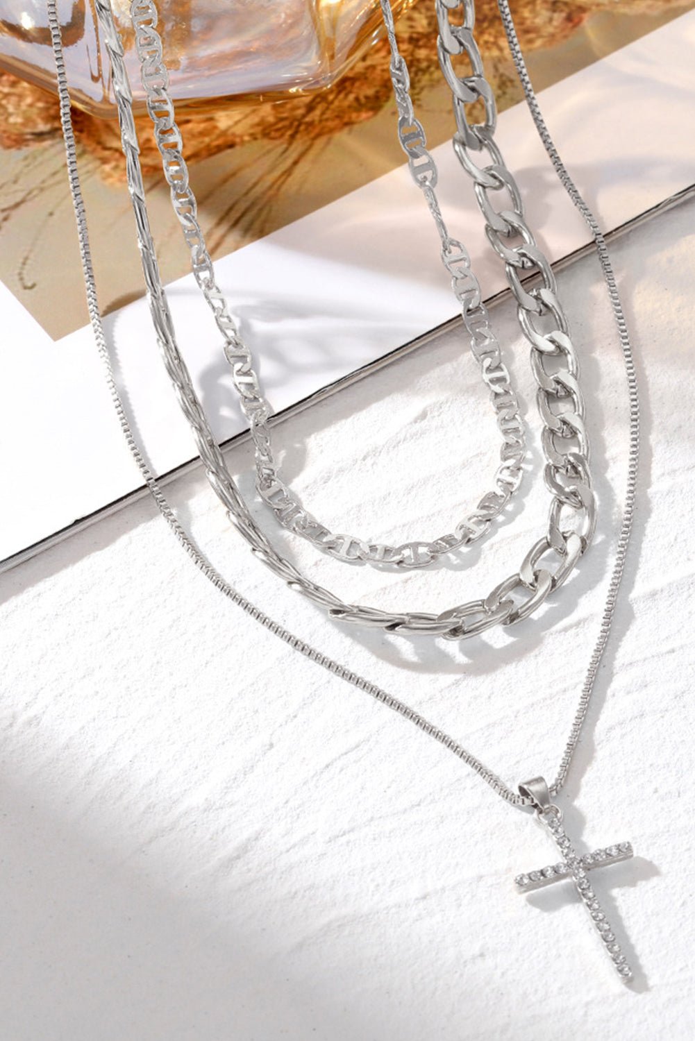 Women's Triple-Layer Silver Plated Cross Necklace Set