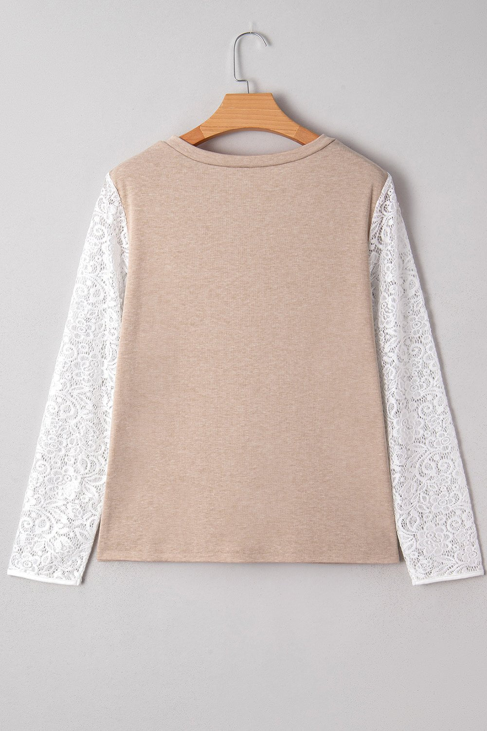 Women's V-Neck Oatmeal Long Sleeve Top with White Floral Lace