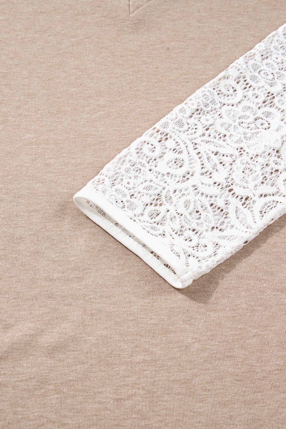 Women's V-Neck Oatmeal Long Sleeve Top with White Floral Lace