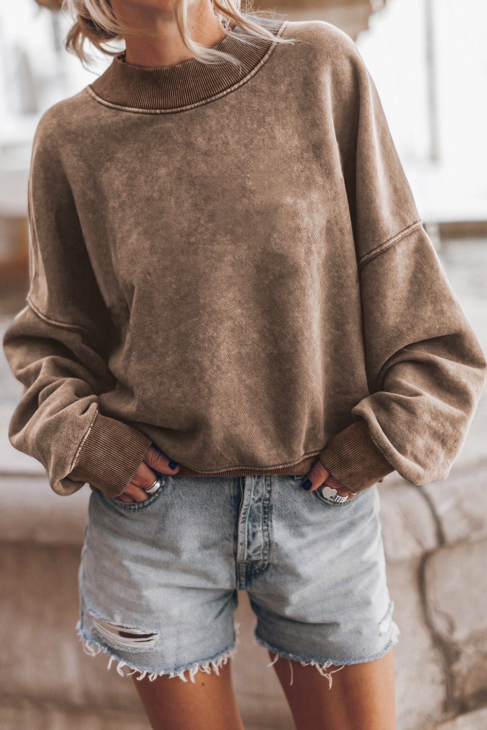 Women's Vintage Mineral Wash Drop Shoulder Sweatshirt in Mocha