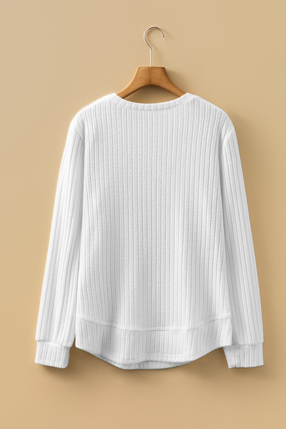 Women's White Ribbed Knit Long Sleeve Sweater with Curved Hem