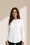 Women's White Ribbed Knit Long Sleeve Sweater with Curved Hem