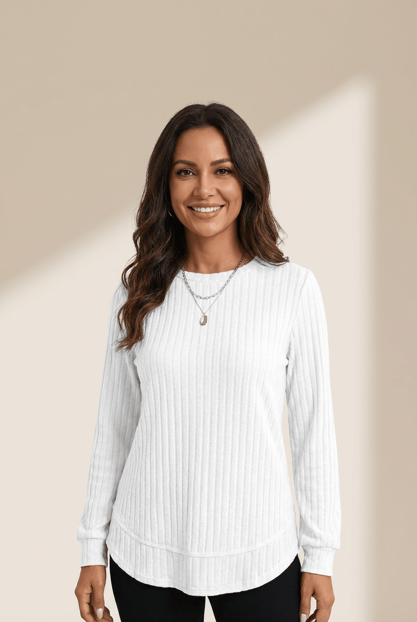 Women's White Ribbed Knit Long Sleeve Sweater with Curved Hem