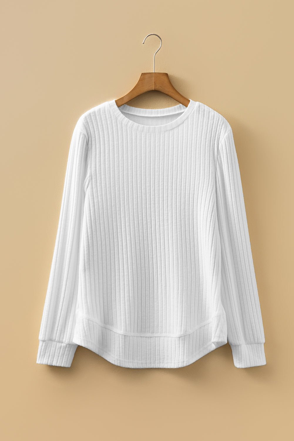Women's White Ribbed Knit Long Sleeve Sweater with Curved Hem