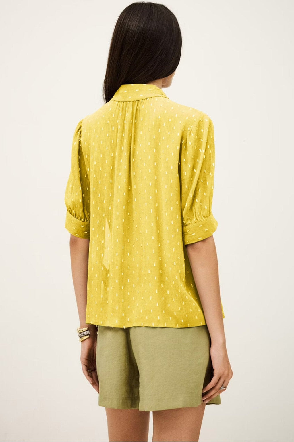 Women's Yellow Metallic Jacquard Short Sleeve Button Blouse