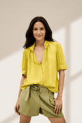 Women's Yellow Metallic Jacquard Short Sleeve Button Blouse