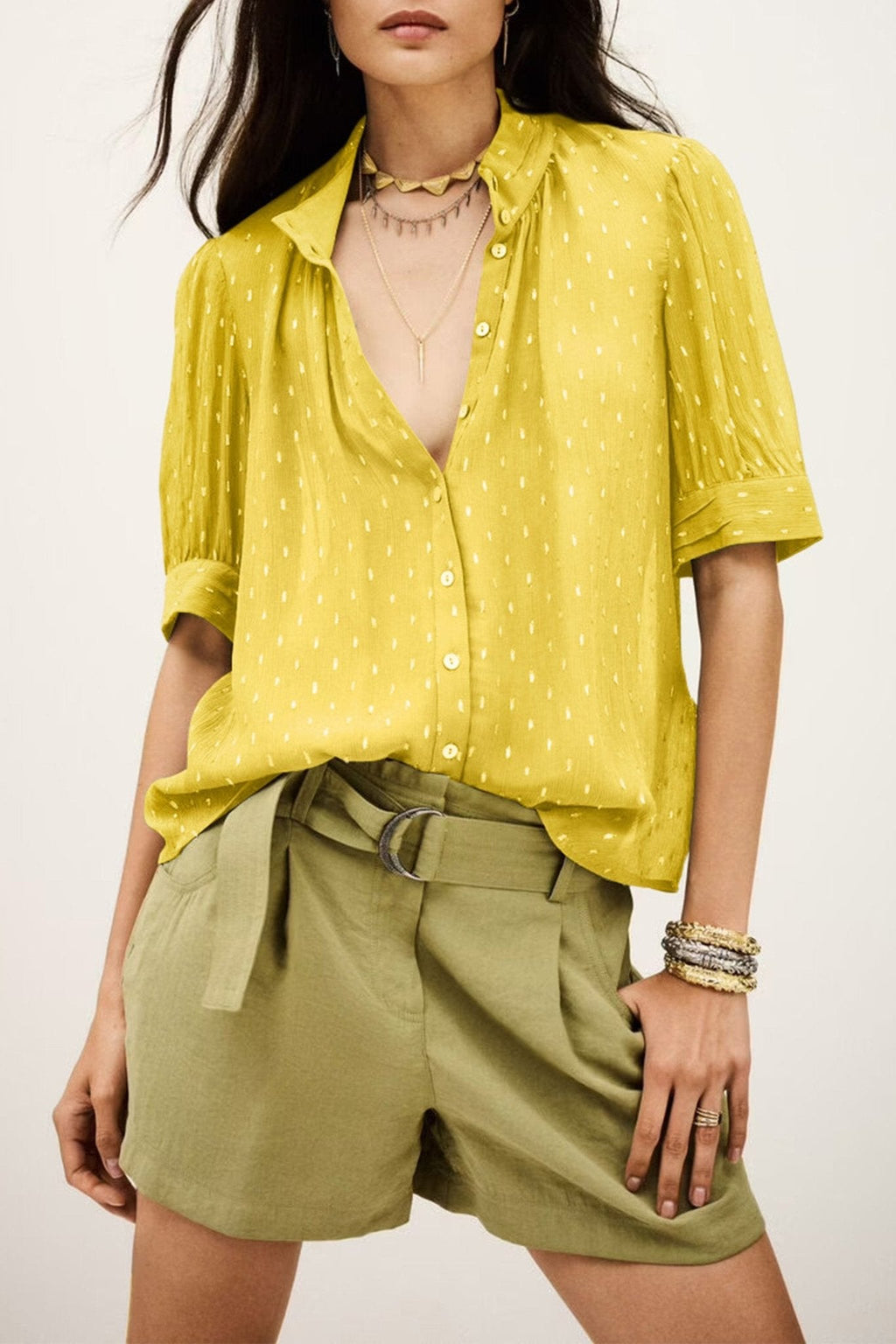 Women's Yellow Metallic Jacquard Short Sleeve Button Blouse