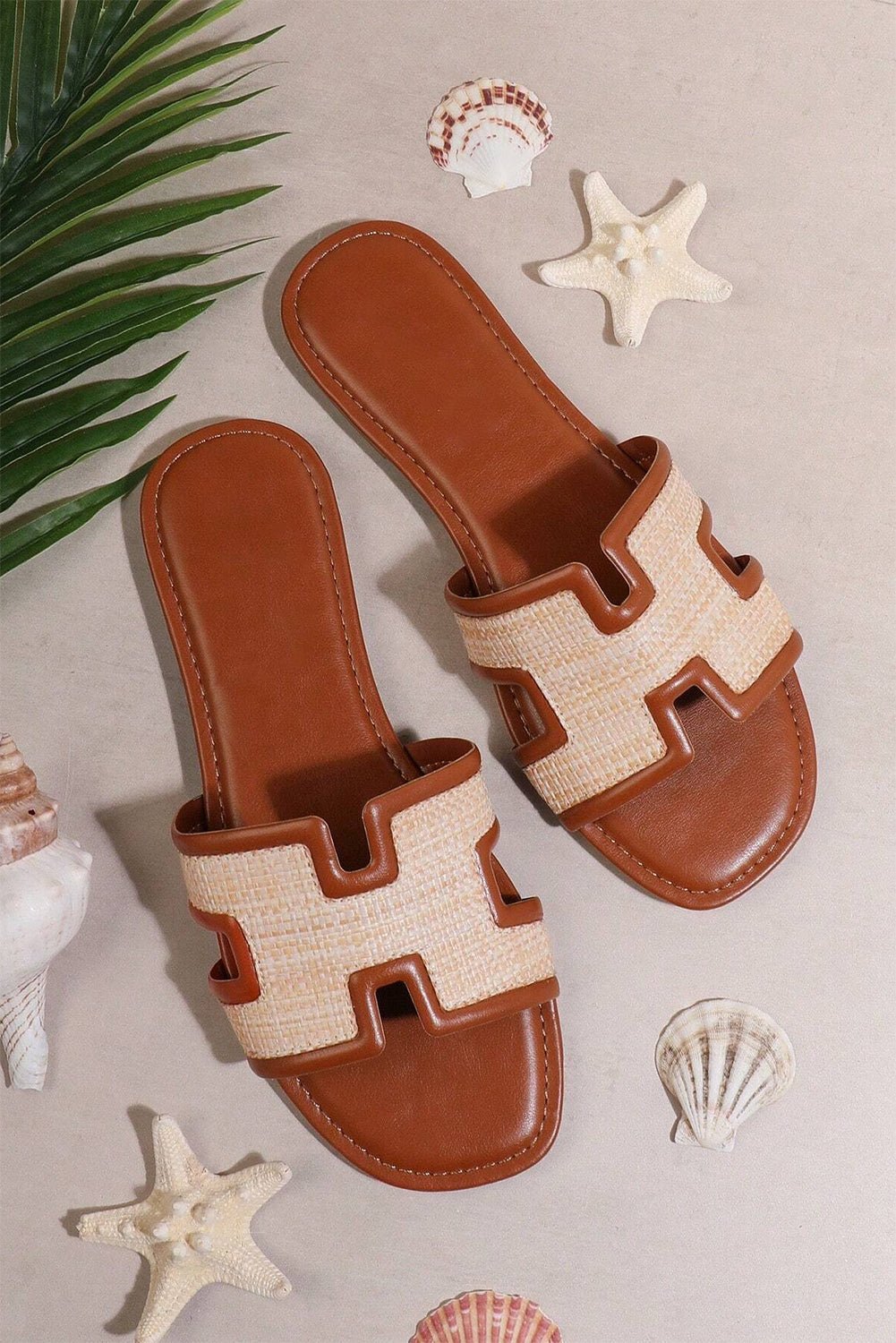 Woven Raffia Patchwork Slide Sandals in Cognac & Beige