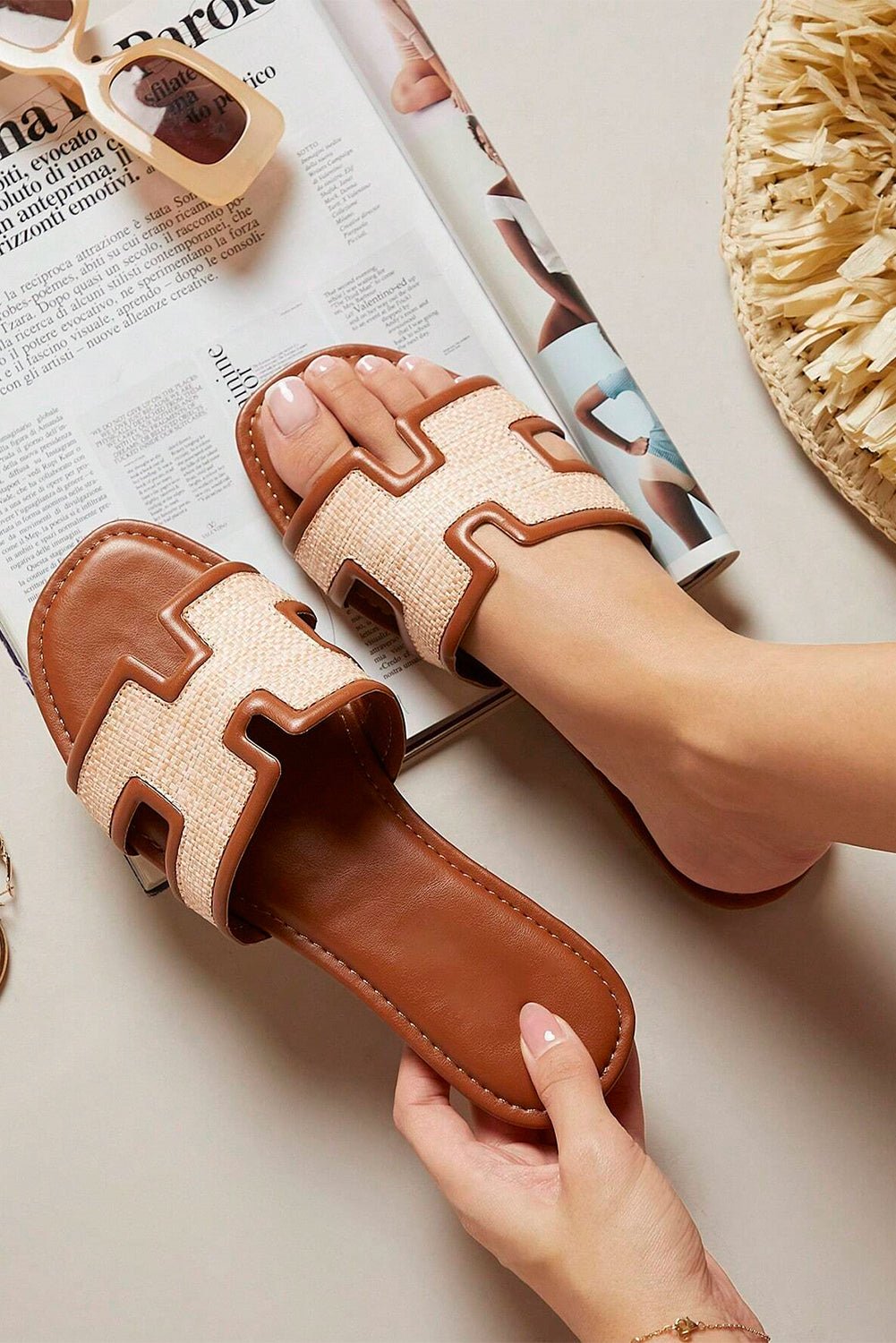 Woven Raffia Patchwork Slide Sandals in Cognac & Beige