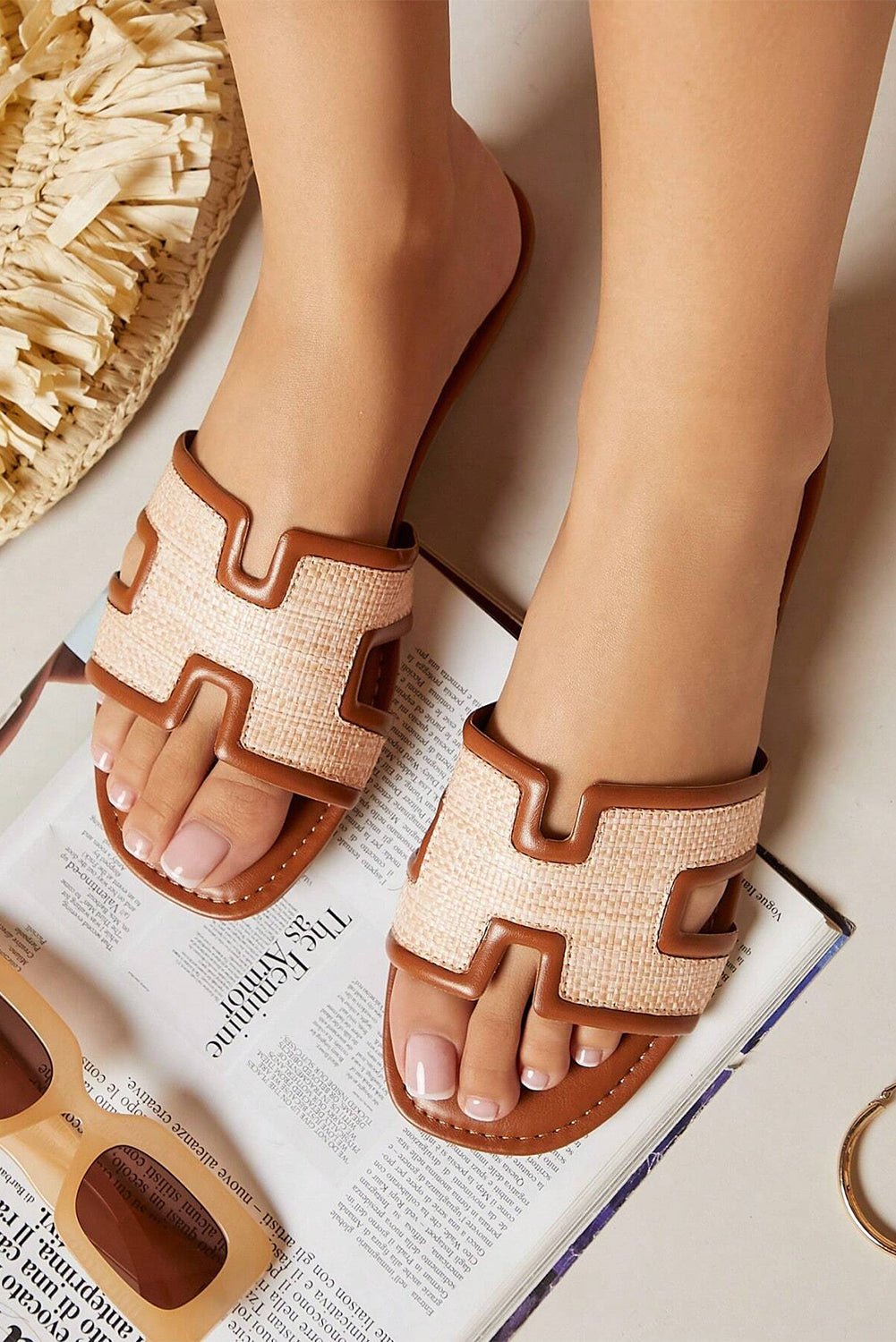 Woven Raffia Patchwork Slide Sandals in Cognac & Beige