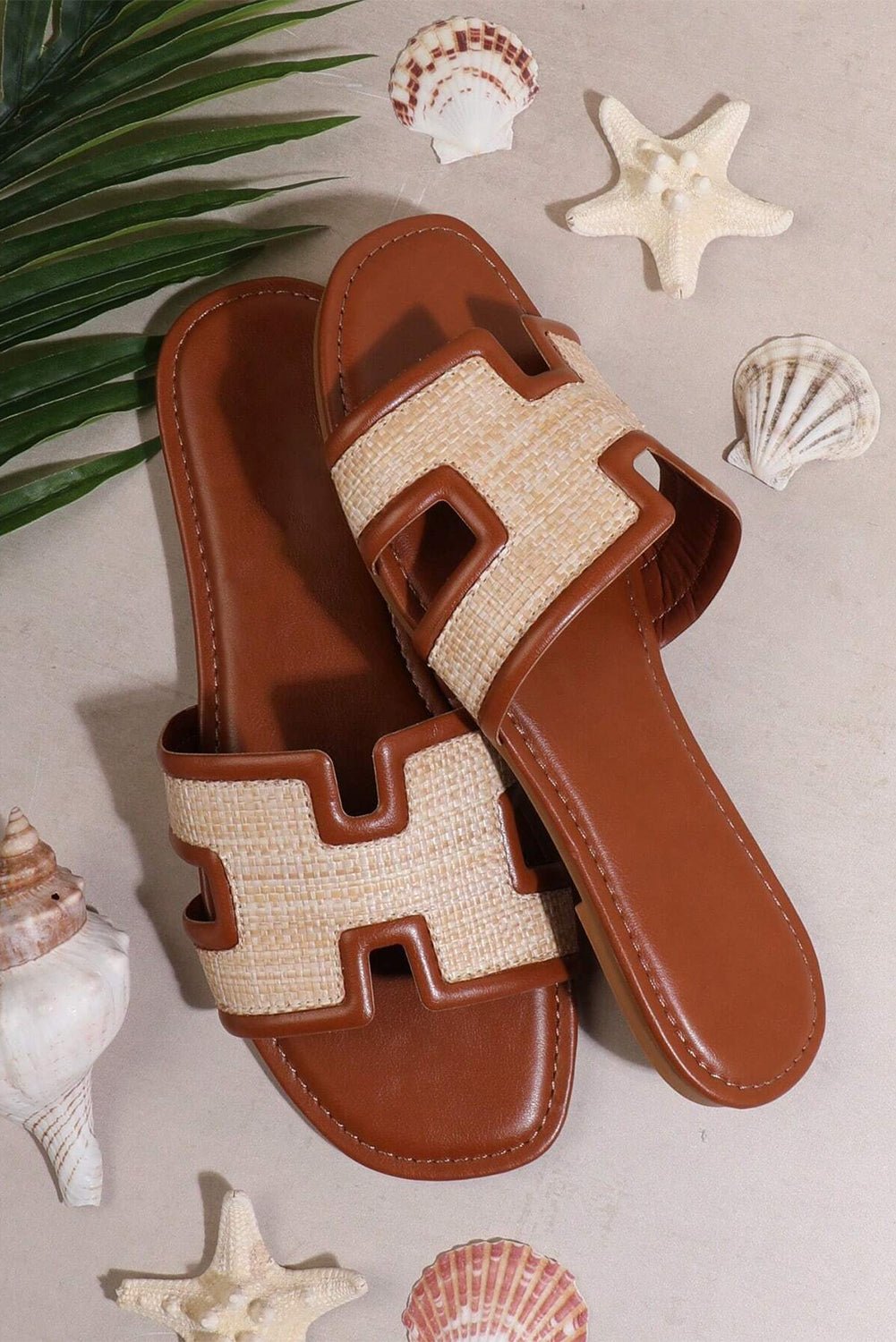 Woven Raffia Patchwork Slide Sandals in Cognac & Beige